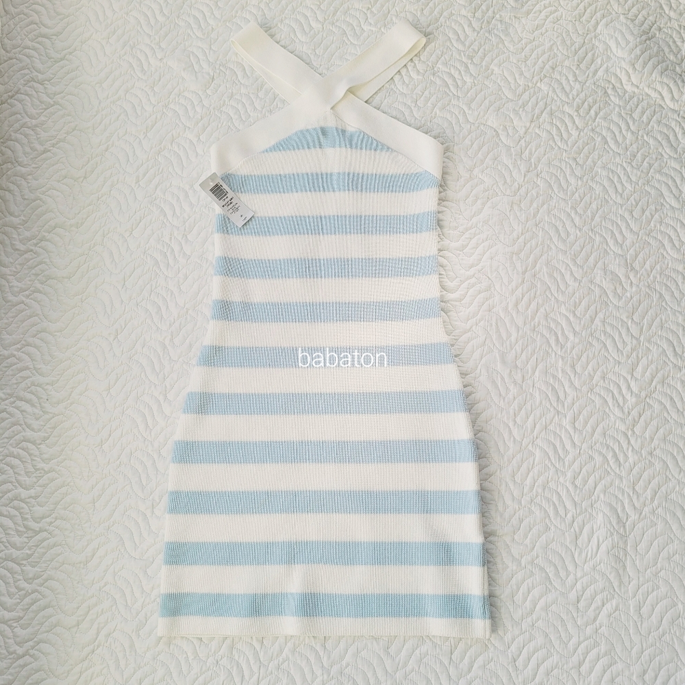 babaton white and blue pastel striped bodycon mini sculpt knit cross dress